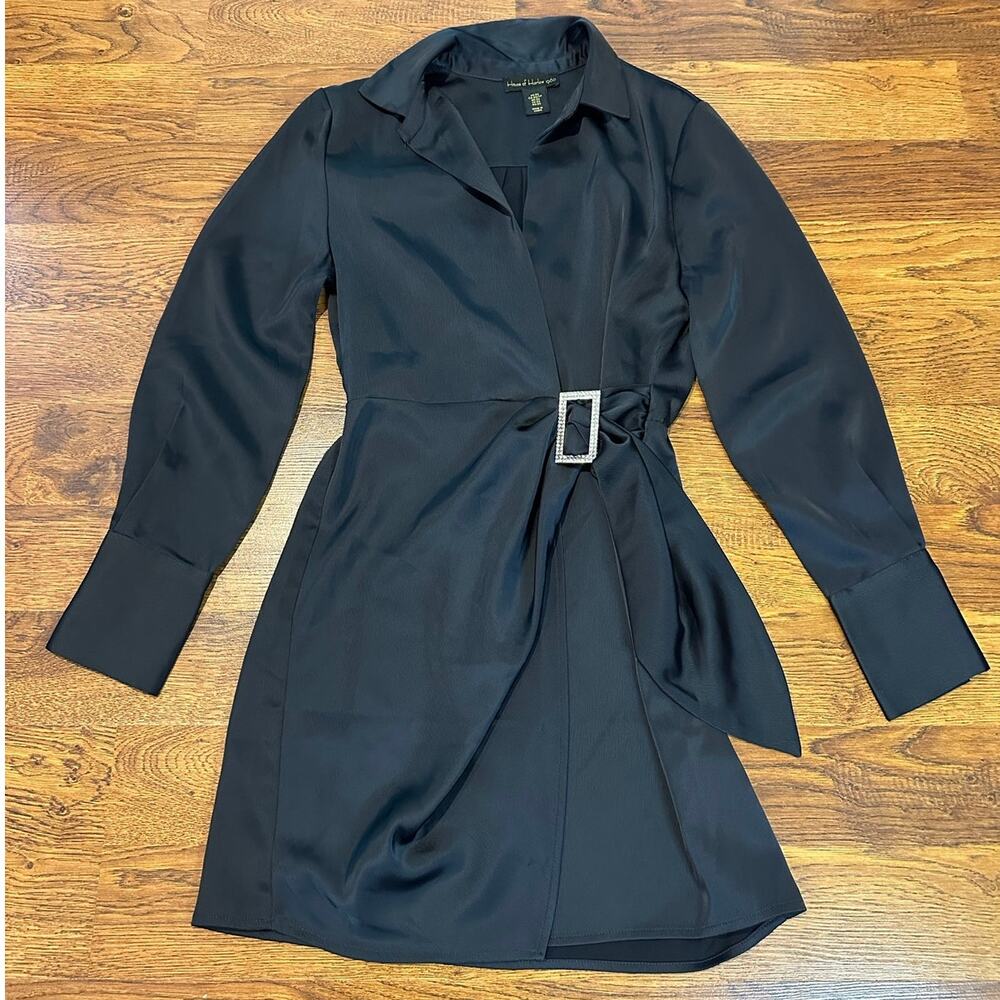 House of Harlow 1960 Satin Embellished Wrap Dress XS Black Long Sleeve Mini